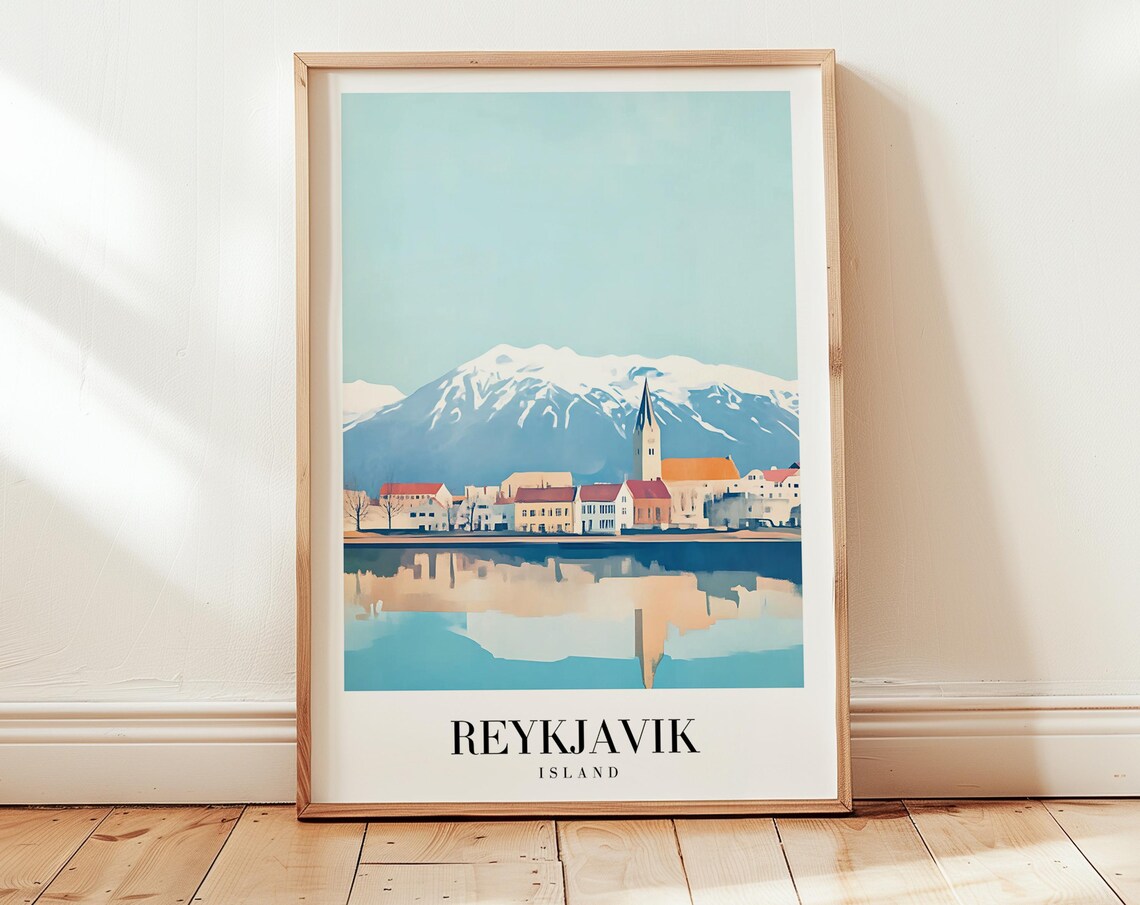 Reykjavik Iceland Snowy Harbor Mountains Vintage Travel Poster