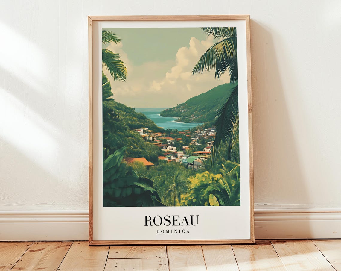 Roseau Dominica Lush Bay Mountain Coast Vintage Travel Poster