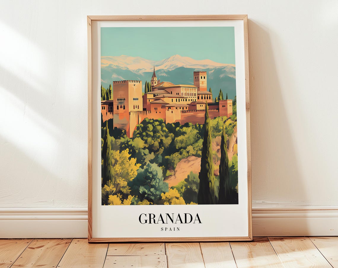 Granada Spain Alhambra Palace Hill Vintage Style Travel Poster