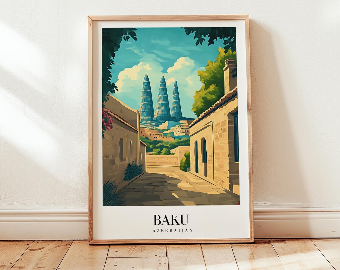 Baku Azerbaijan Flame Towers Old Town Stone Street Scene Travel Poster