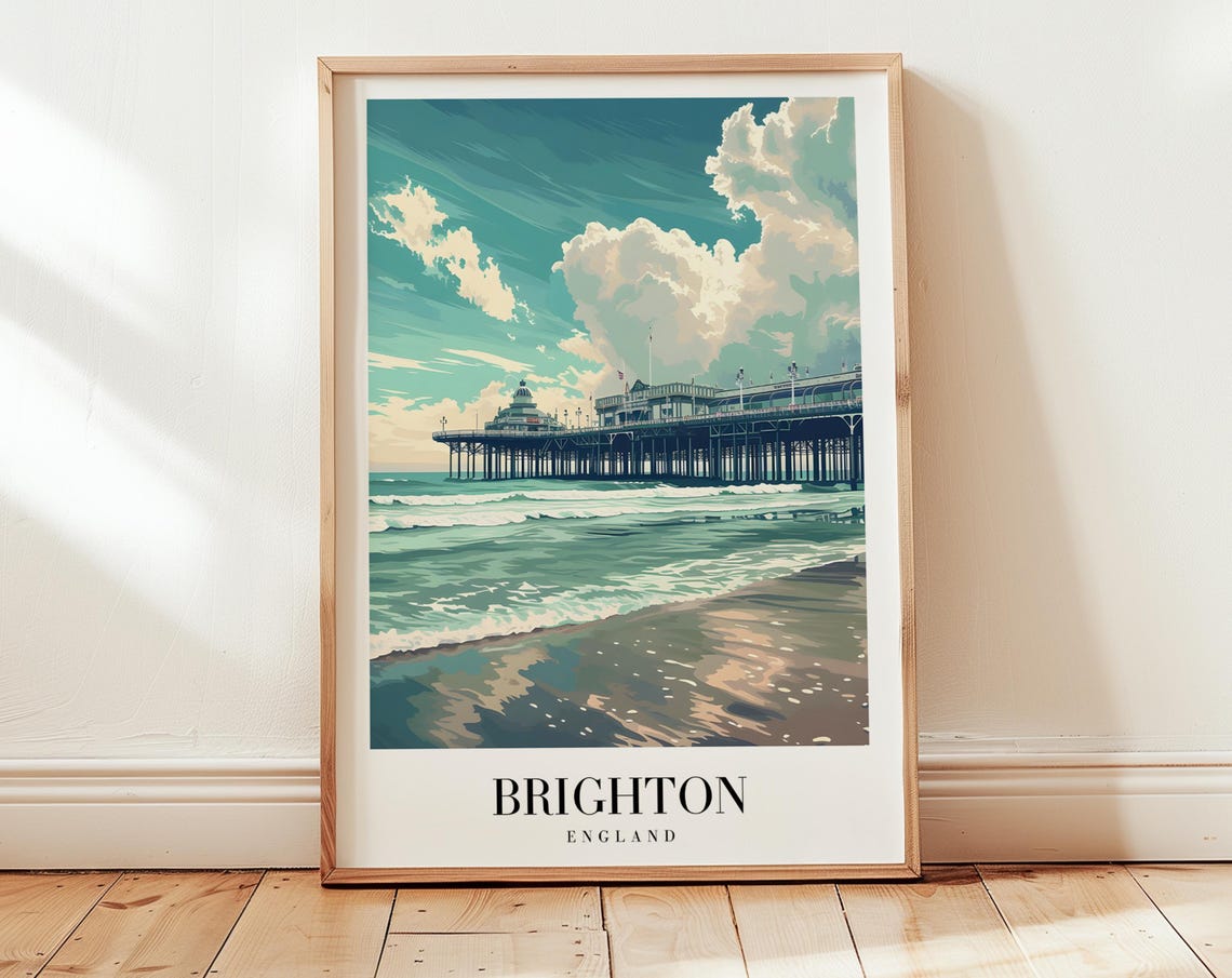 Brighton England Victorian Pier Seaside Waves Retro Travel Poster
