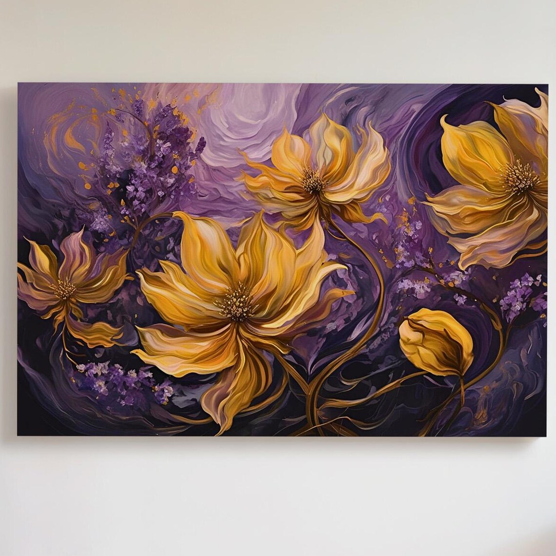 Golden Floral Swirl Art Print, Abstract Flowers