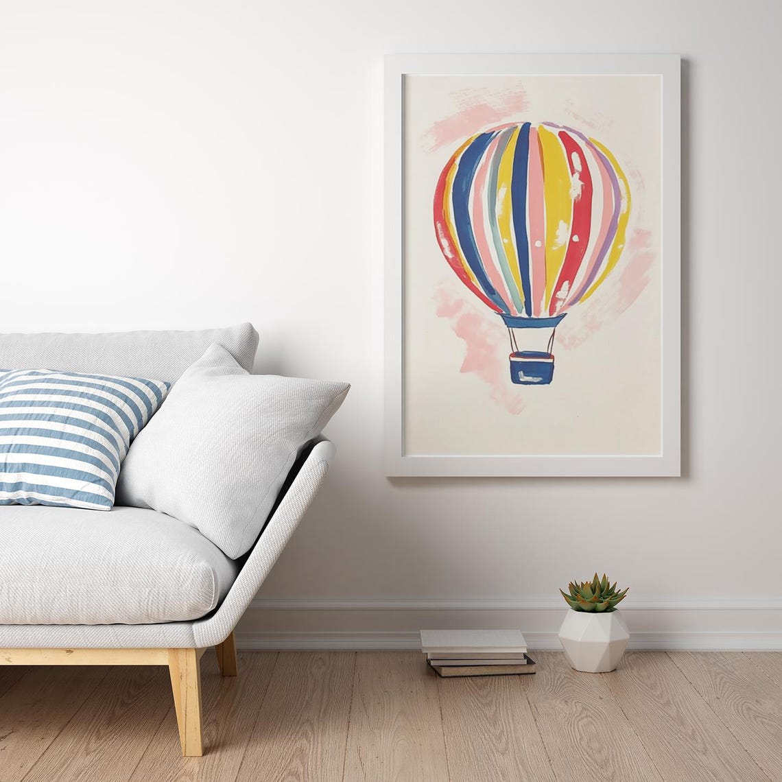 Rainbow Striped Hot Air Balloon Watercolor Kids Room Nursery Poster - Image 2