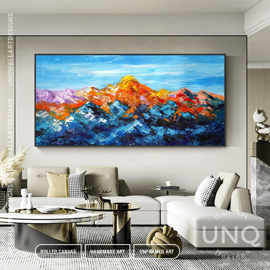 Large Original Abstract Colorful Mountain Oil Painting On Textured Mountain Landscape Artwork Original Gold Blue Mountain Art - Image 3