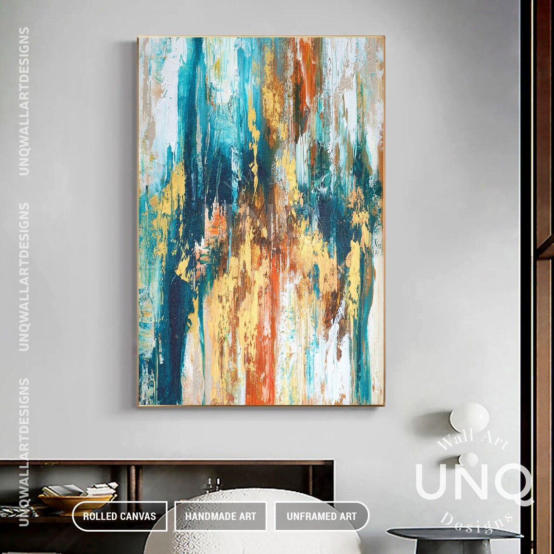 Teal Blue Orange And Gold Bold Impasto Modern Abstract Art Poster - Image 7