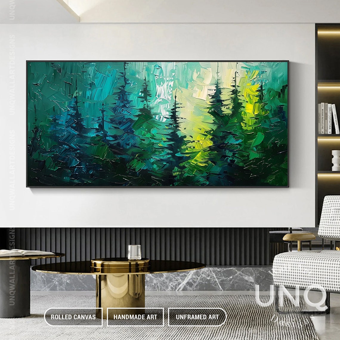 Green Pine Forest Palette Knife Trees Modern Nature Painting Poster - Image 3
