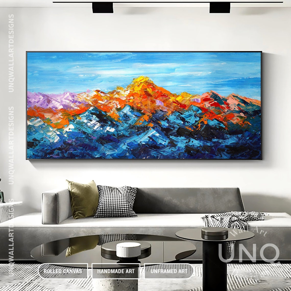 Large Original Abstract Colorful Mountain Oil Painting On Textured Mountain Landscape Artwork Original Gold Blue Mountain Art - Image 4