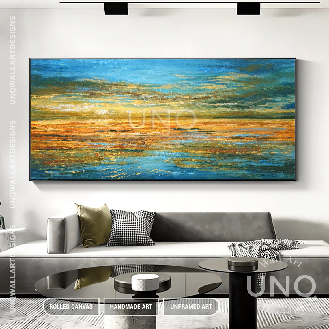 Golden Sunset Over Ocean Panoramic Impasto Seascape Painting Poster