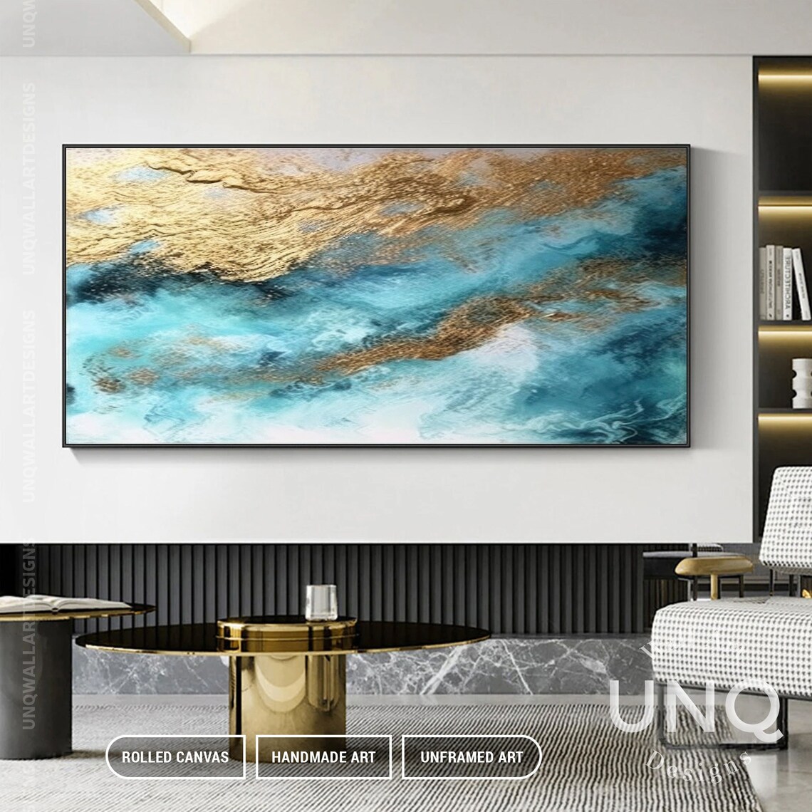 Blue Gold Leaf Ocean Abstract Wall Art Print - Image 6