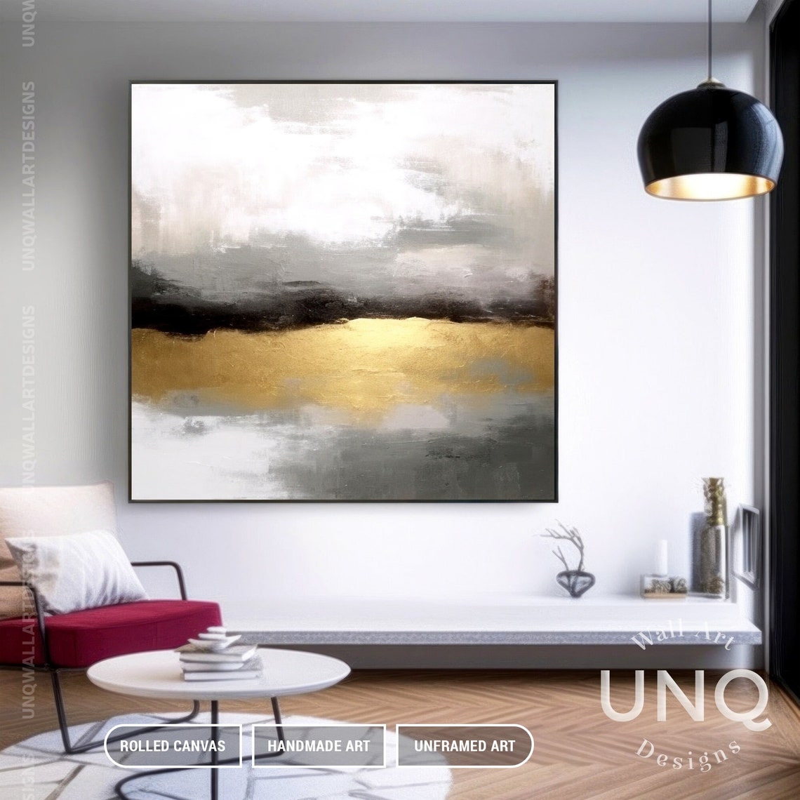Grey And Gold Abstract Painting Misty Horizon Band Minimalist Poster - Image 5
