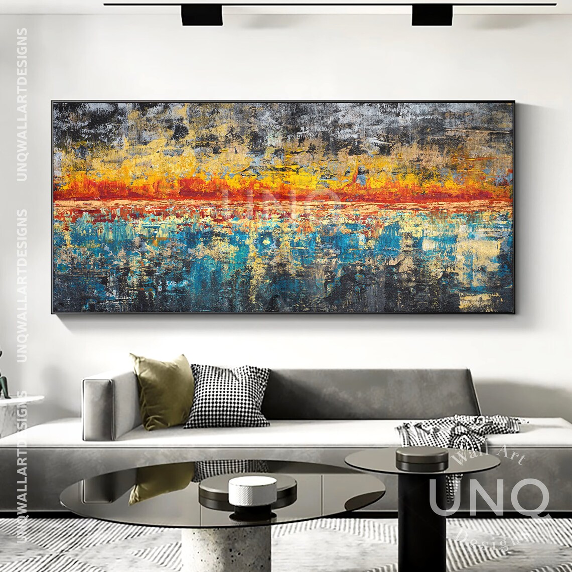 Blue And Navy With Orange Horizon Line On Blue Yellow Abstract Painting Navy Blue Landscape Wall Art Modern Oil Painting - Image 4