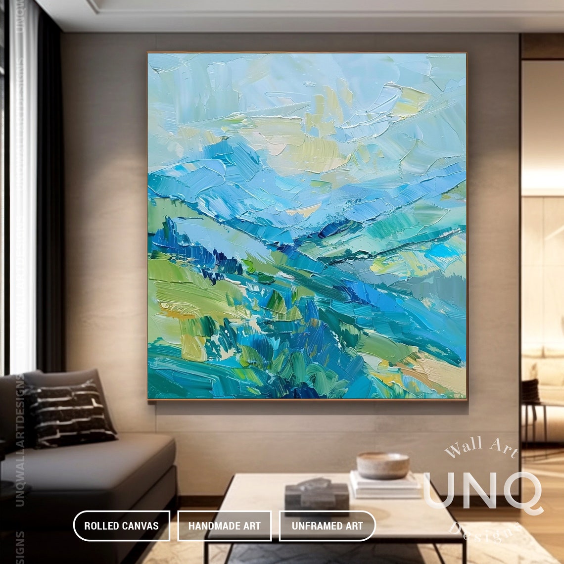 Unique Oversized Green Mountain Oil Painting On Custom Mint Green Sky Cloud Wall Decoration Stylish Scenery Wall Decor - Image 4