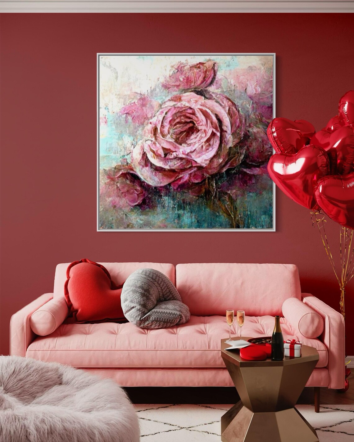 Pink Roses On Teal Grey Textured Floral Oil Painting Art Poster - Image 4