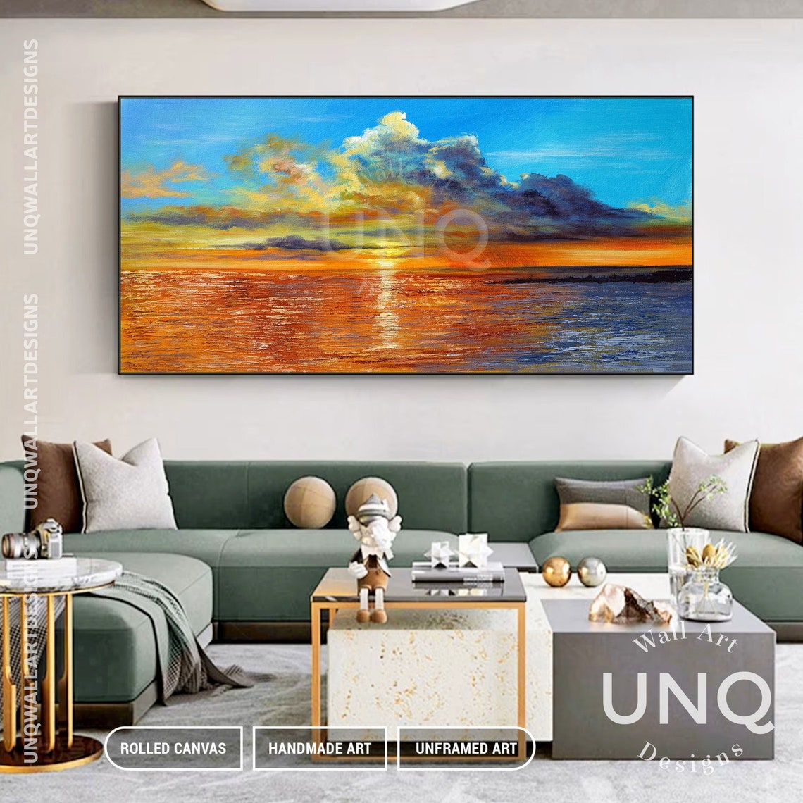 Golden Ocean Sunset Over Sea Dramatic Clouds Impasto Painting Poster - Image 5