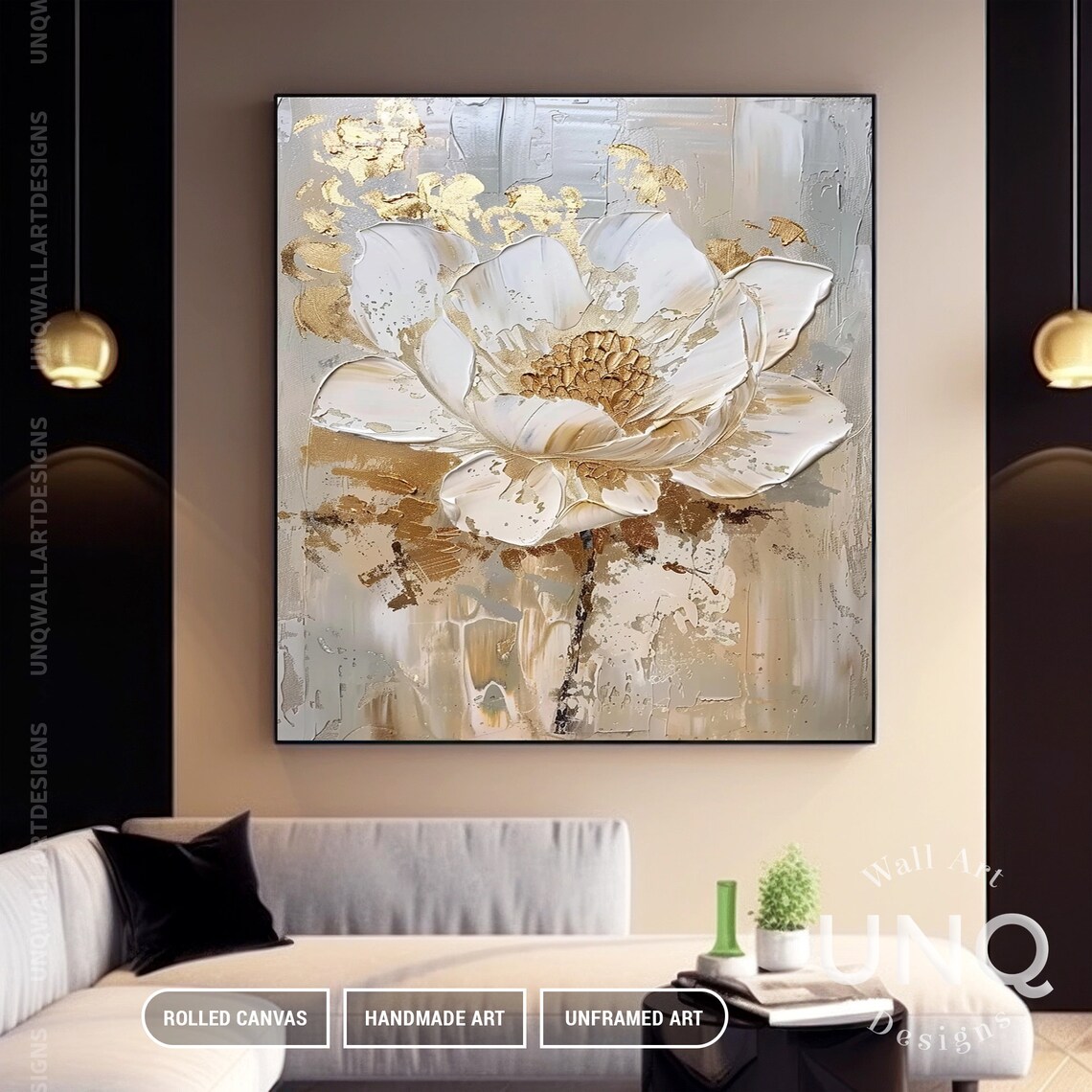 Luxury Golden Flower Wall Art 3d Heavy Floral Painting On Large Bohemian Custom Flower Room Art Trendy Wall Gift For Her - Image 4