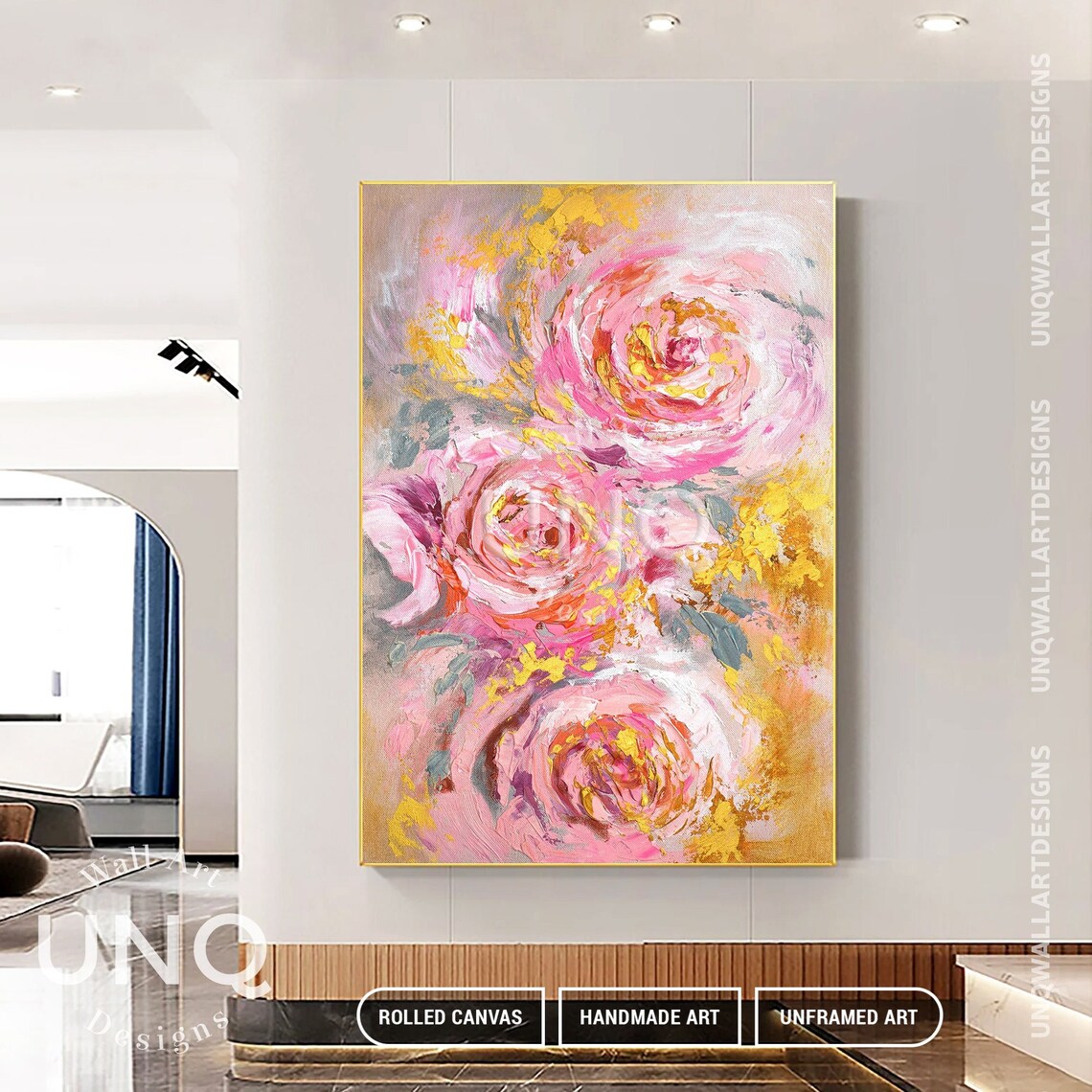 Pink Rose Trio Abstract Oil Painting Gold Floral Romantic Decor Poster - Image 2
