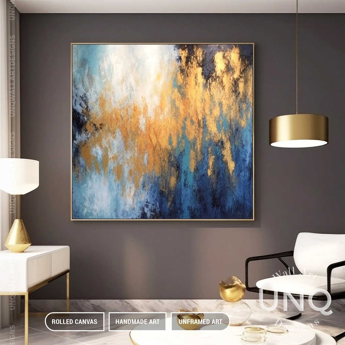 Deep Blue And Gold Cloud Abstract Painting Panoramic Luxury Poster - Image 2