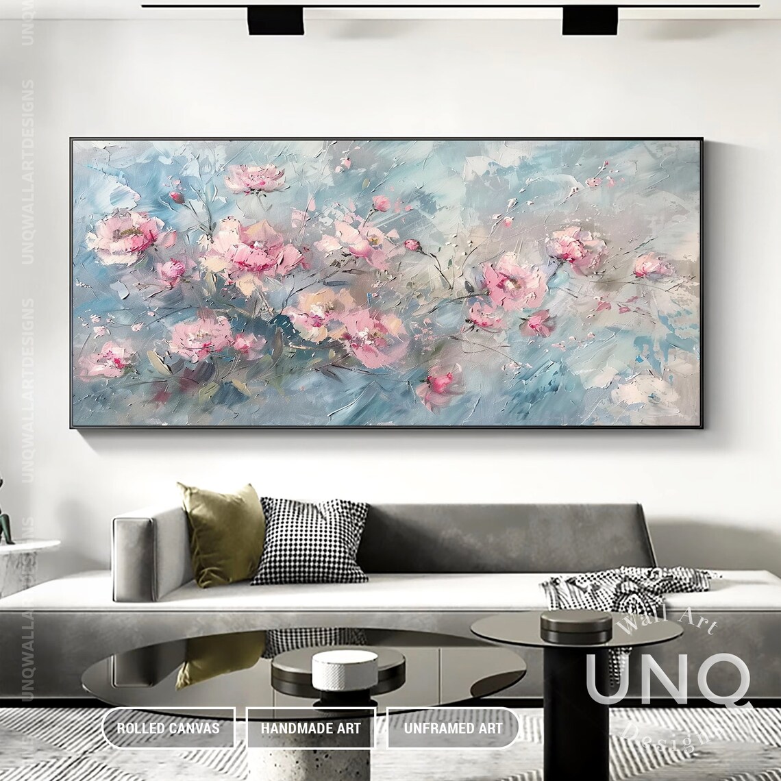 Pink Blossoms On Blue Grey Impressionist Floral Painting Art Poster - Image 4