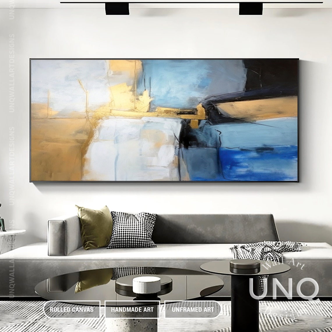 Gold And Blue Geometric Abstract Painting Modern Square Decor Poster - Image 3