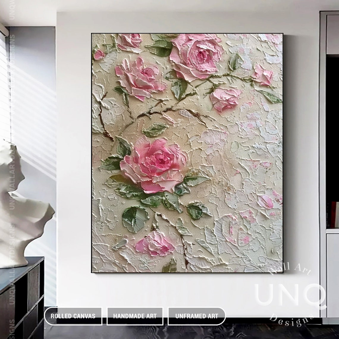 Pink Roses On Cream 3D Textured Embossed Floral Painting Art Poster - Image 6