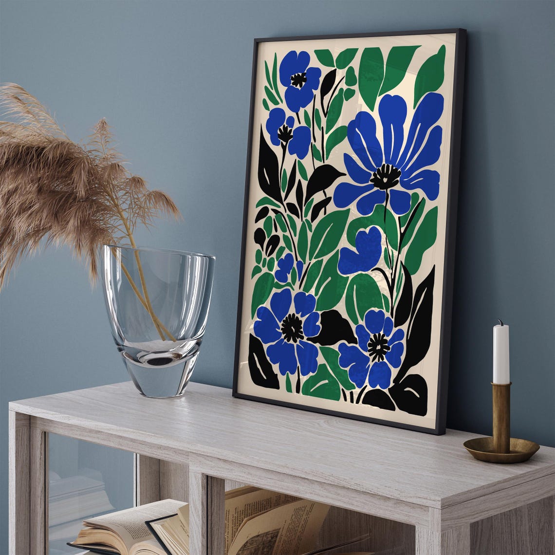 Blue Floral Botanical Poster Green Leaves on Warm Cream Background - Image 3