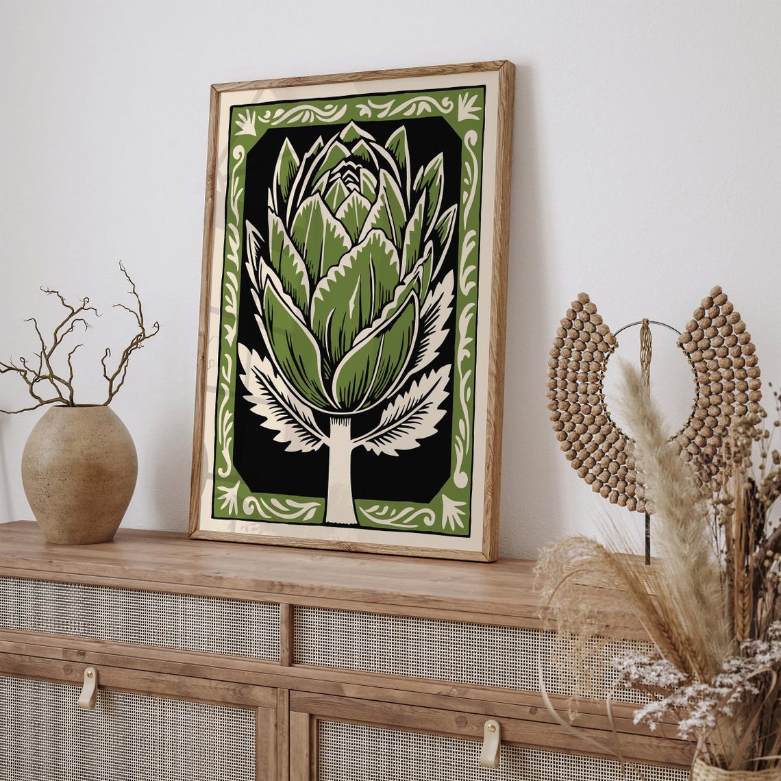 Green Artichoke Linocut in Ornate Border Farmhouse Kitchen Poster - Image 2