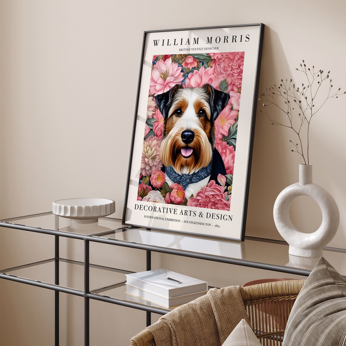 William Morris Happy Scruffy Dog Pink Peony Floral Art Poster - Image 2