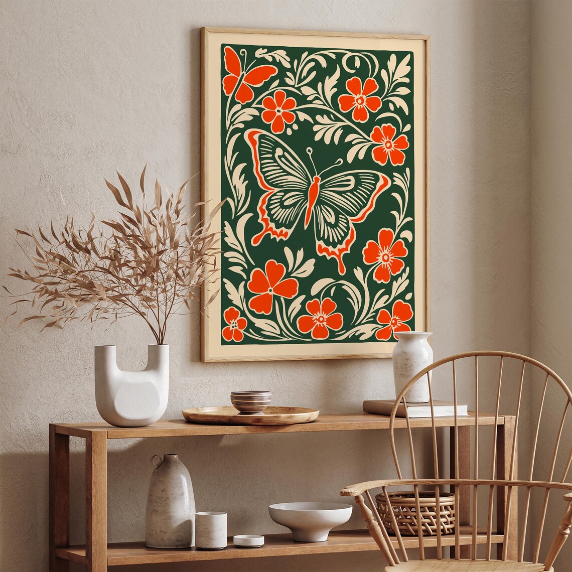 Orange Butterfly Folk Botanical Floral Linocut Nature Decor Poster - Image 3