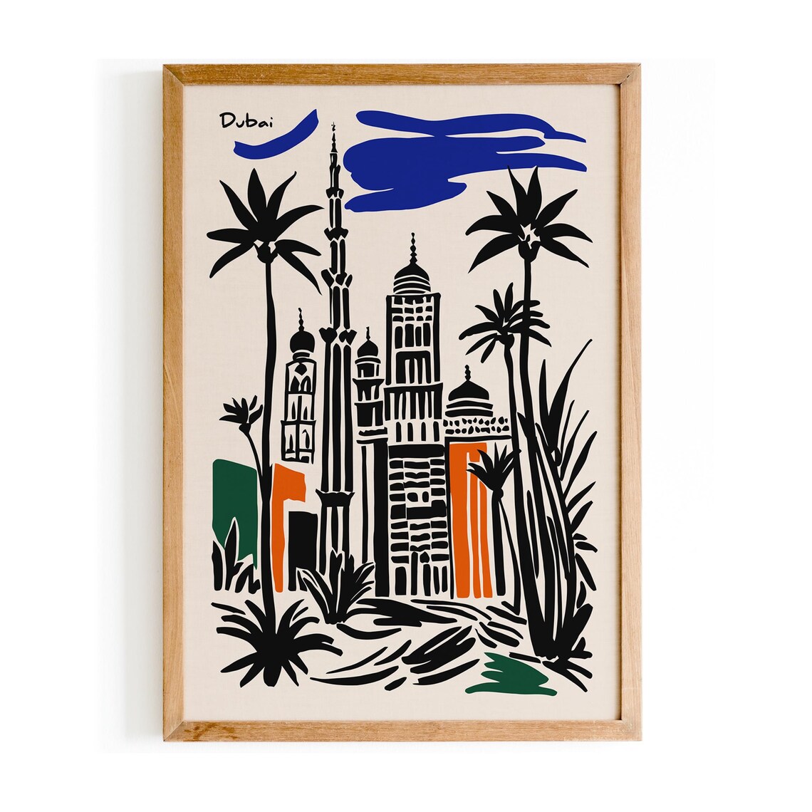 Dubai Skyline Palms Black Ink Abstract Cityscape Travel Poster