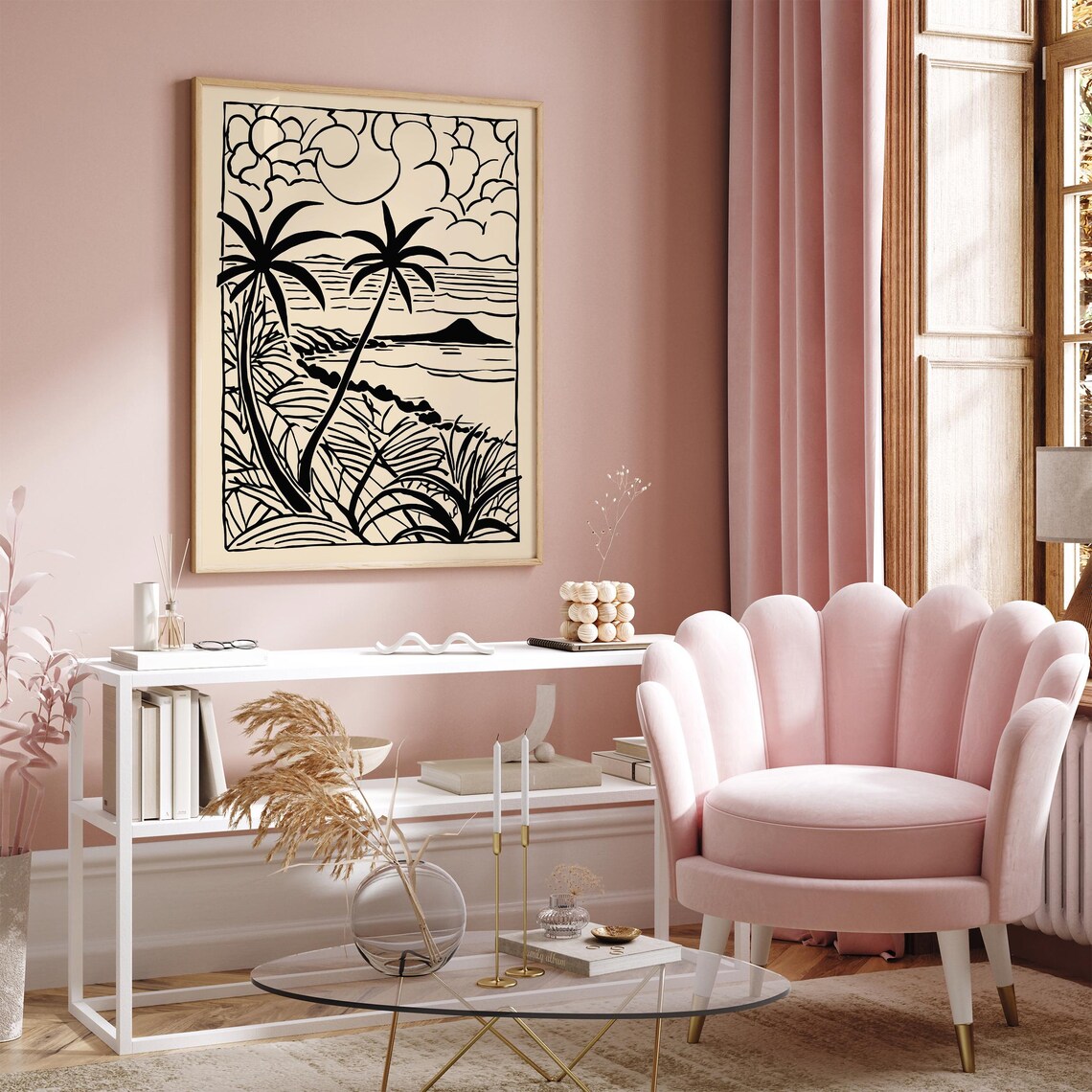 Thailand Palm Beach Black Beige Linocut Minimalist Travel Poster - Image 2