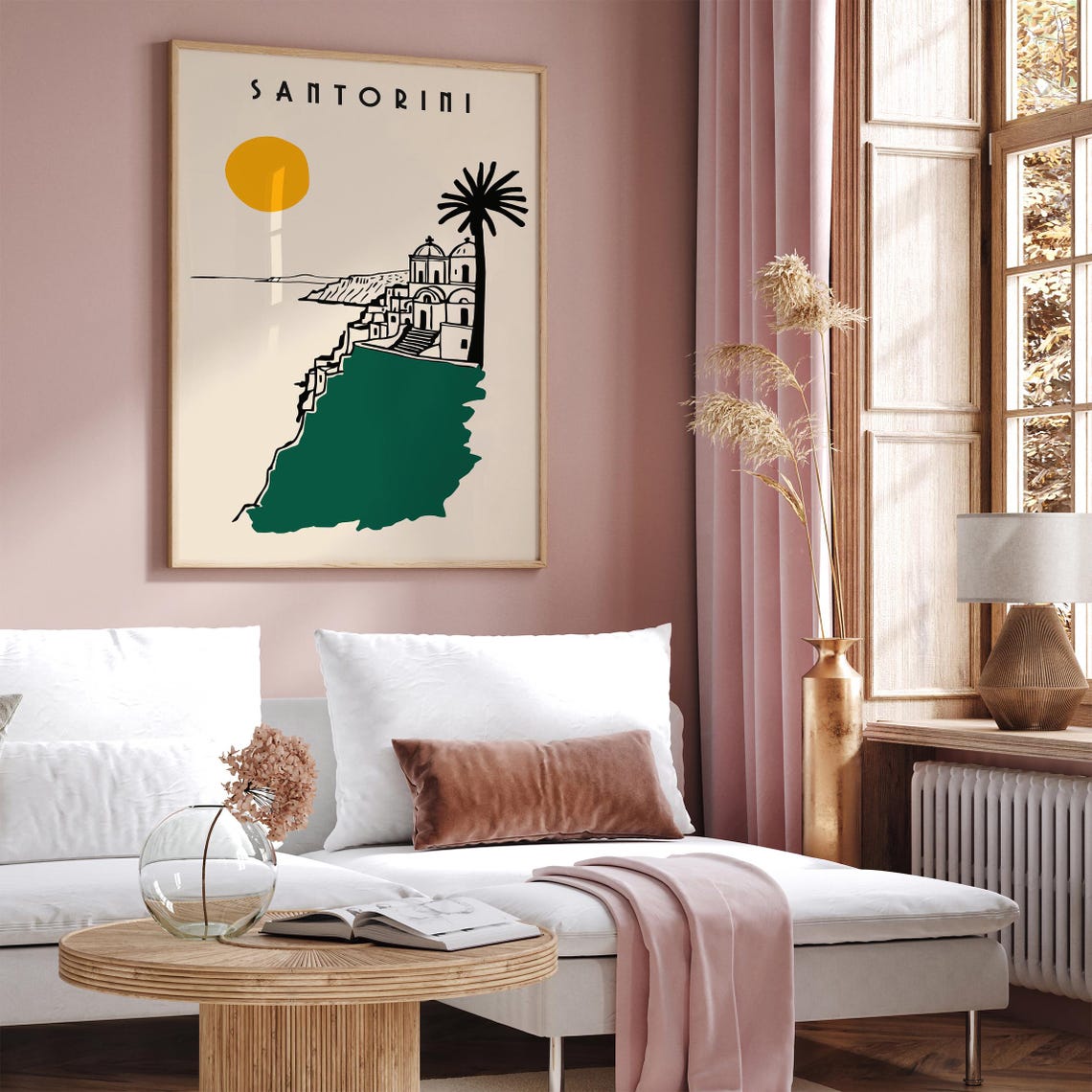Minimalist Santorini Greece Sun Palm Cliff Village Art Poster - Image 2