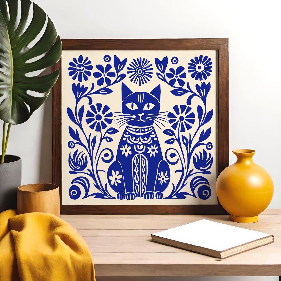 Whimsical Blue Folk Art Cat With Flowers Charming Decor Poster - Image 4