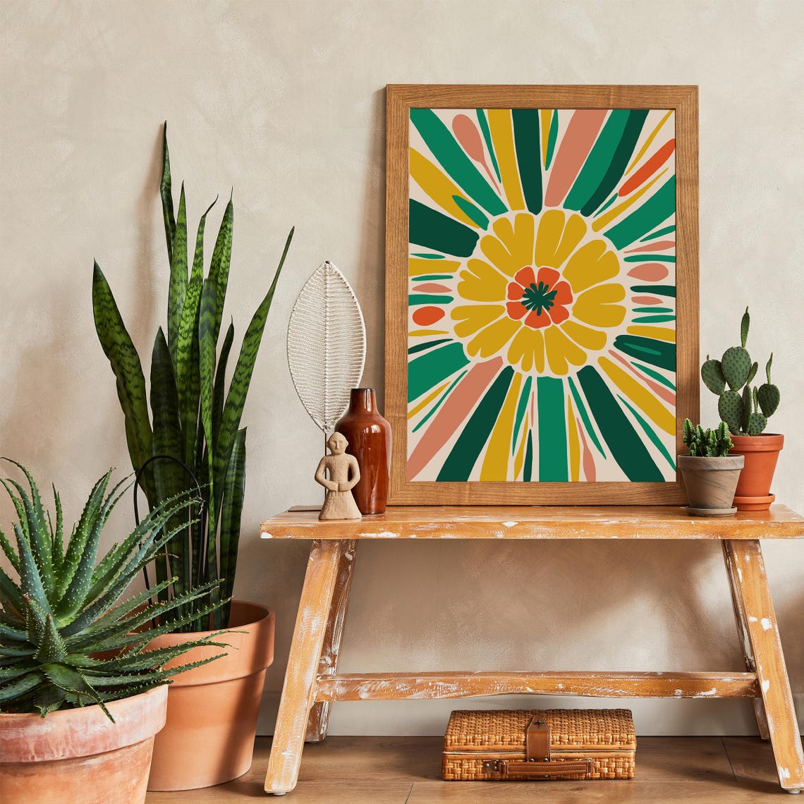 70s Retro Flower Sunburst Bold Yellow Green Floral Art Poster - Image 3