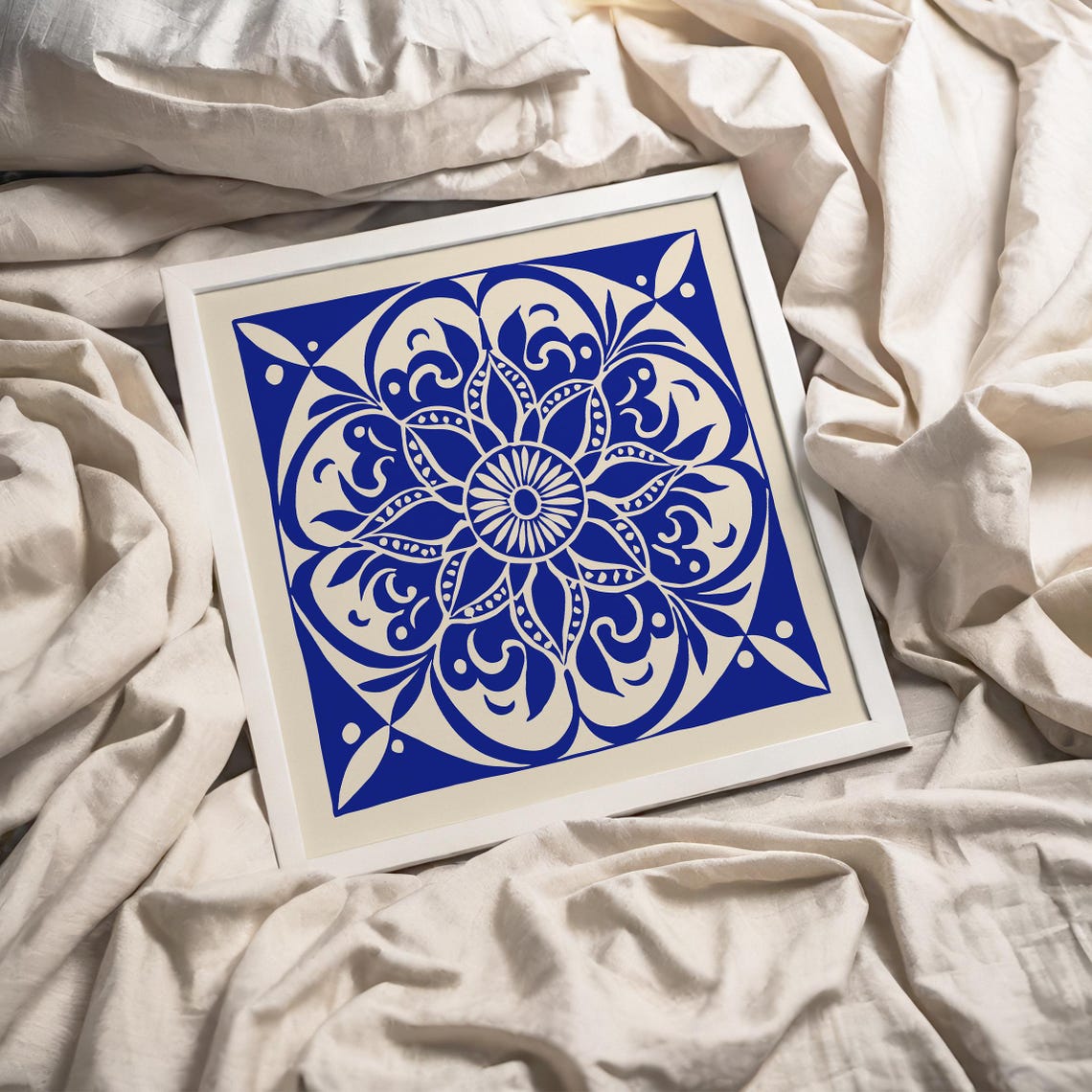 Blue Floral Mandala Tile Azulejo Style Ornamental Decor Art Poster - Image 2