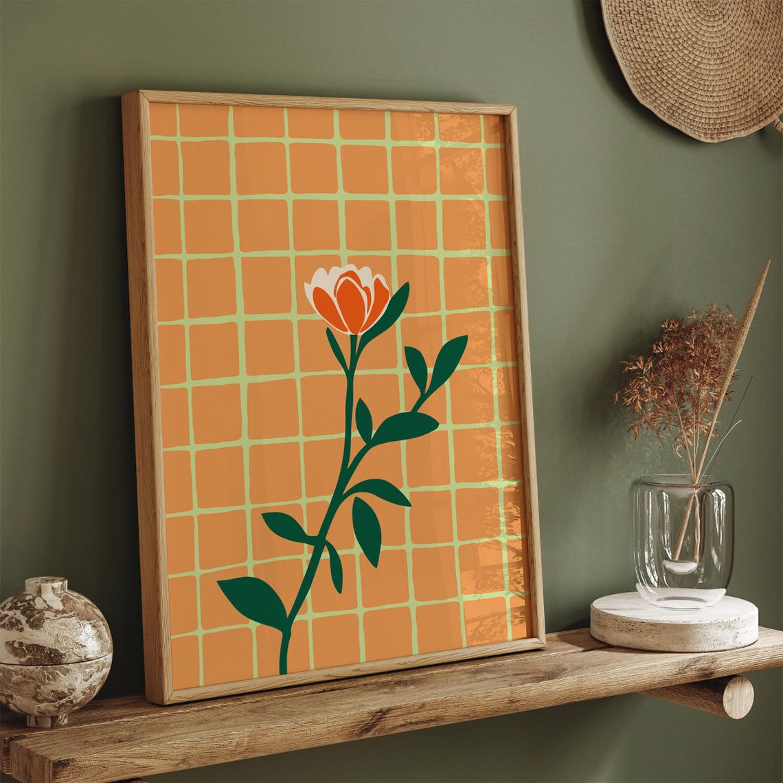 Retro Orange Flower Pop Art Poster on Warm Checkered Grid Background - Image 3