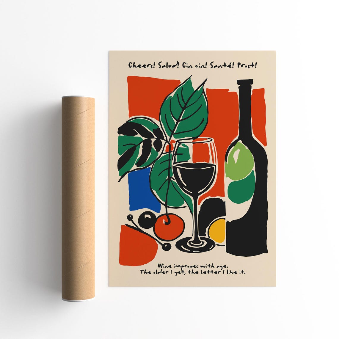Cheers Wine Lovers Modern Abstract Red Wine Glass Kitchen Poster