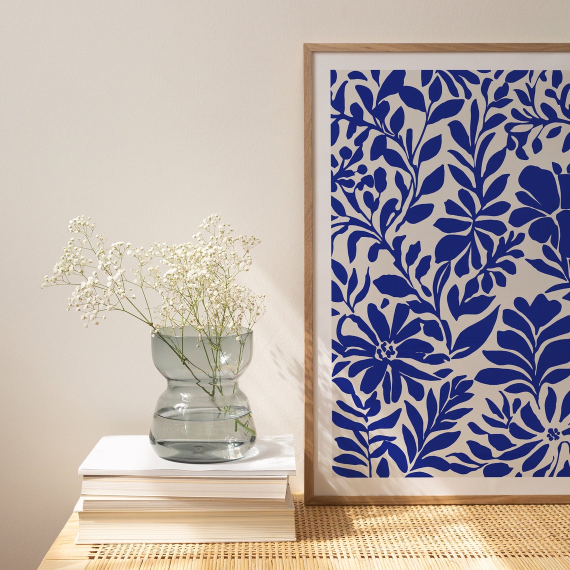 Cobalt Blue Botanical Floral Pattern Cream Minimalist Art Poster - Image 5