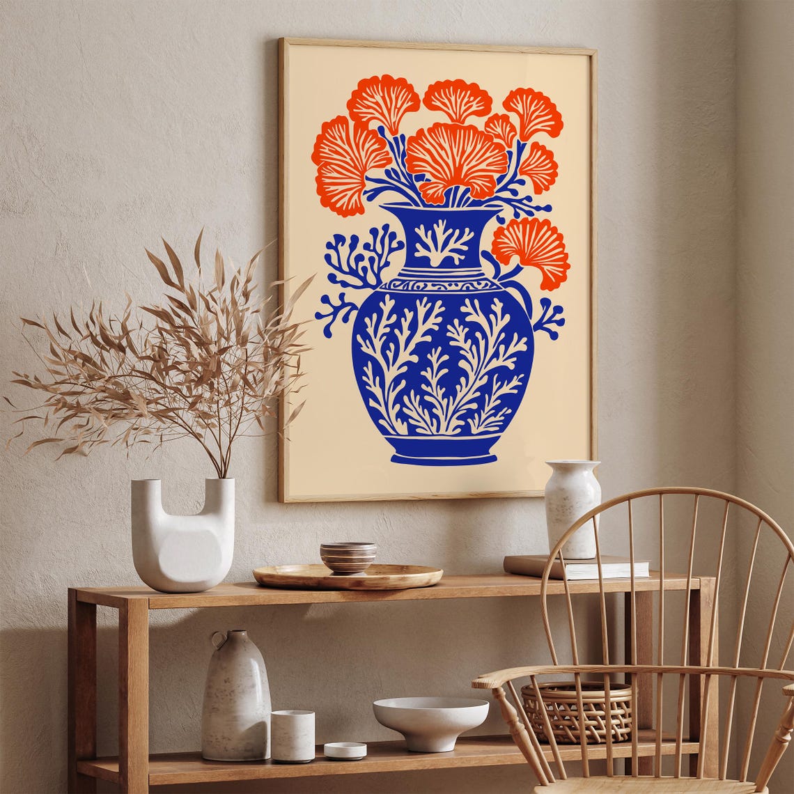 Bold Cobalt Blue Vase Orange Coral Flowers Botanical Wall Poster - Image 2
