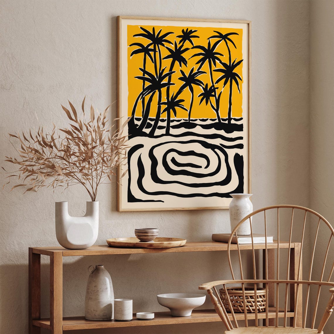 Tropical Palm Tree Silhouette Yellow Sky Sunset Beach Poster - Image 2