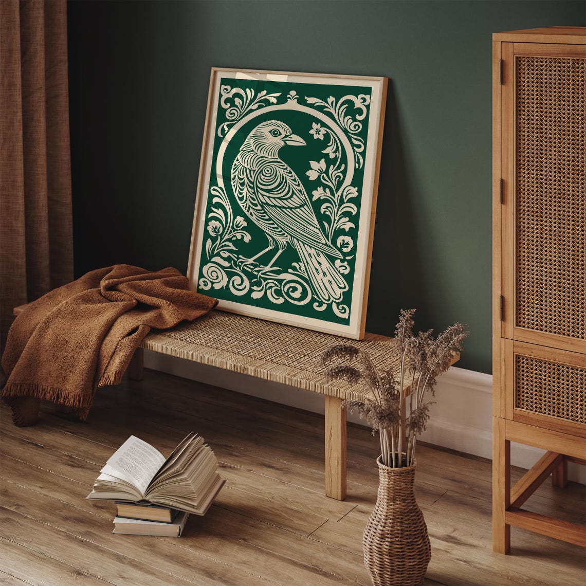 Cream Songbird on Deep Emerald Rococo Baroque Ornate Bird Poster - Image 5