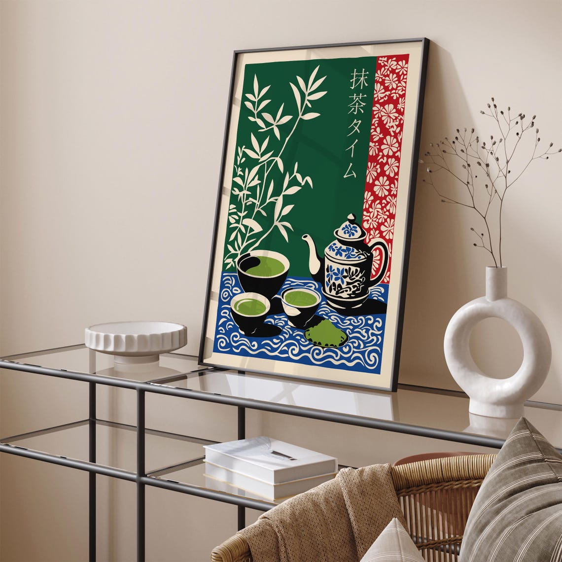 Japanese Matcha Tea Ceremony Teapot and Bowls Bamboo Wall Art - Image 2