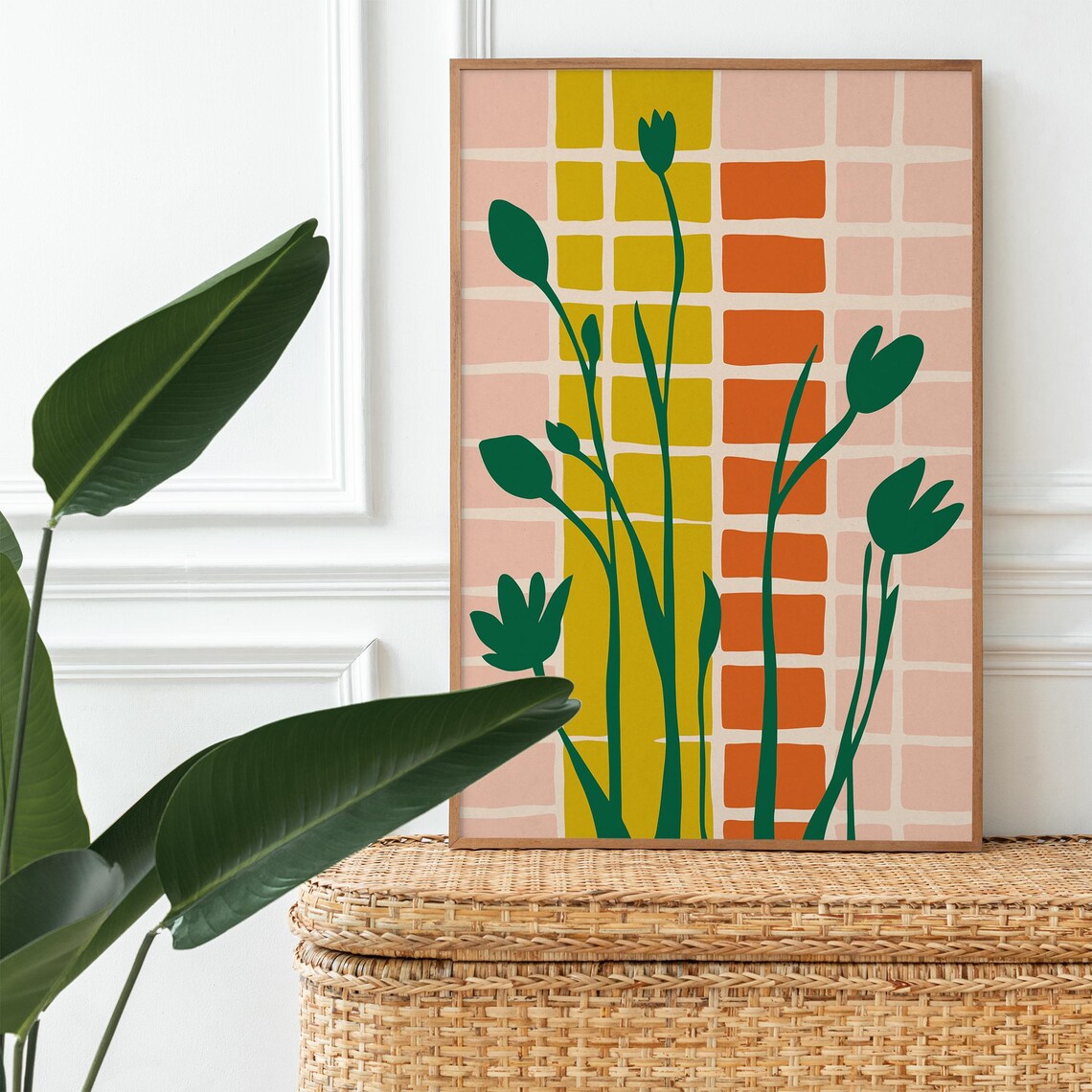 Green Tulip Silhouettes Warm Peach Grid Botanical Art Poster - Image 3