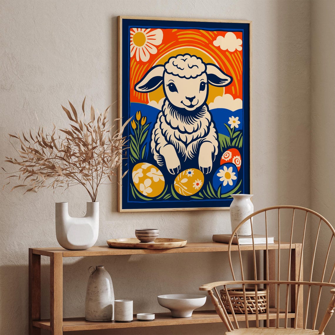 Charming Retro Easter Lamb Poster With Painted Eggs And Bright Sun - Image 4