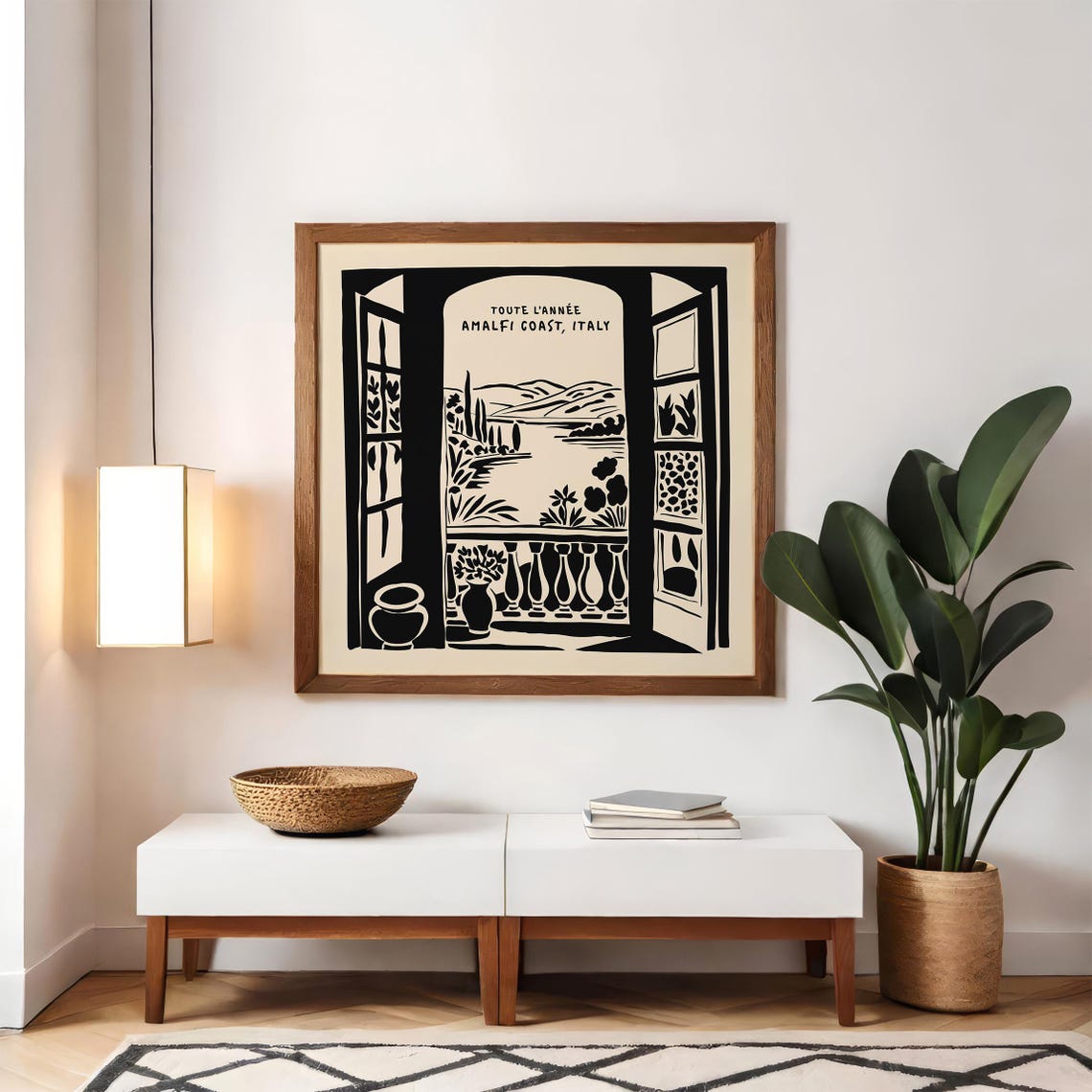 Amalfi Coast Balcony Window View Black Ink Travel Art Poster - Image 3