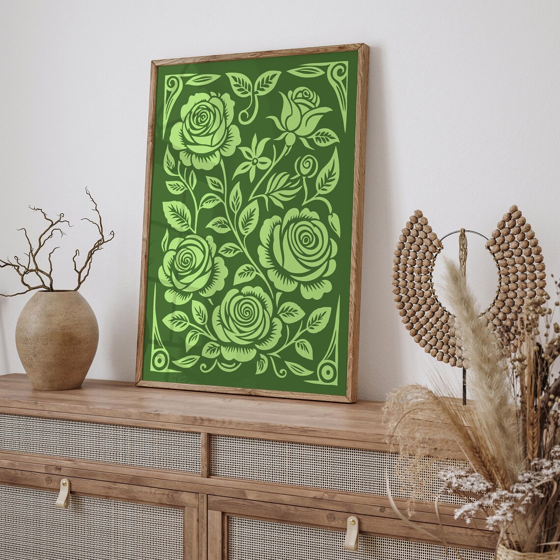 Lime Green Roses Monochrome Vintage Floral Botanical Art Poster - Image 3