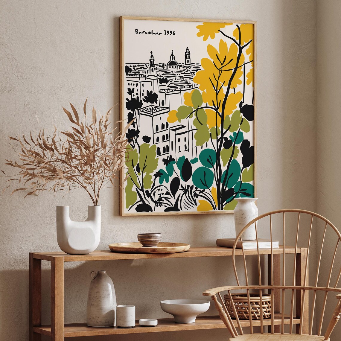 Barcelona 1996 Autumn Cityscape Yellow Trees Vintage Travel Poster - Image 2