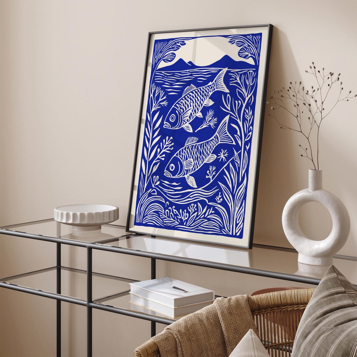 Blue Koi Carp Pair Linocut Japanese Fish Nature Artwork Poster - Image 2