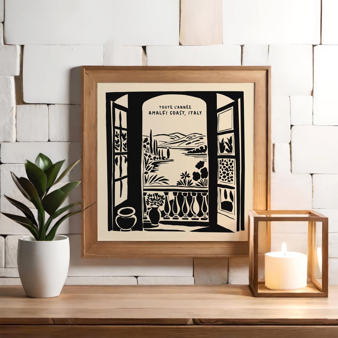 Amalfi Coast Balcony Window View Black Ink Travel Art Poster - Image 6