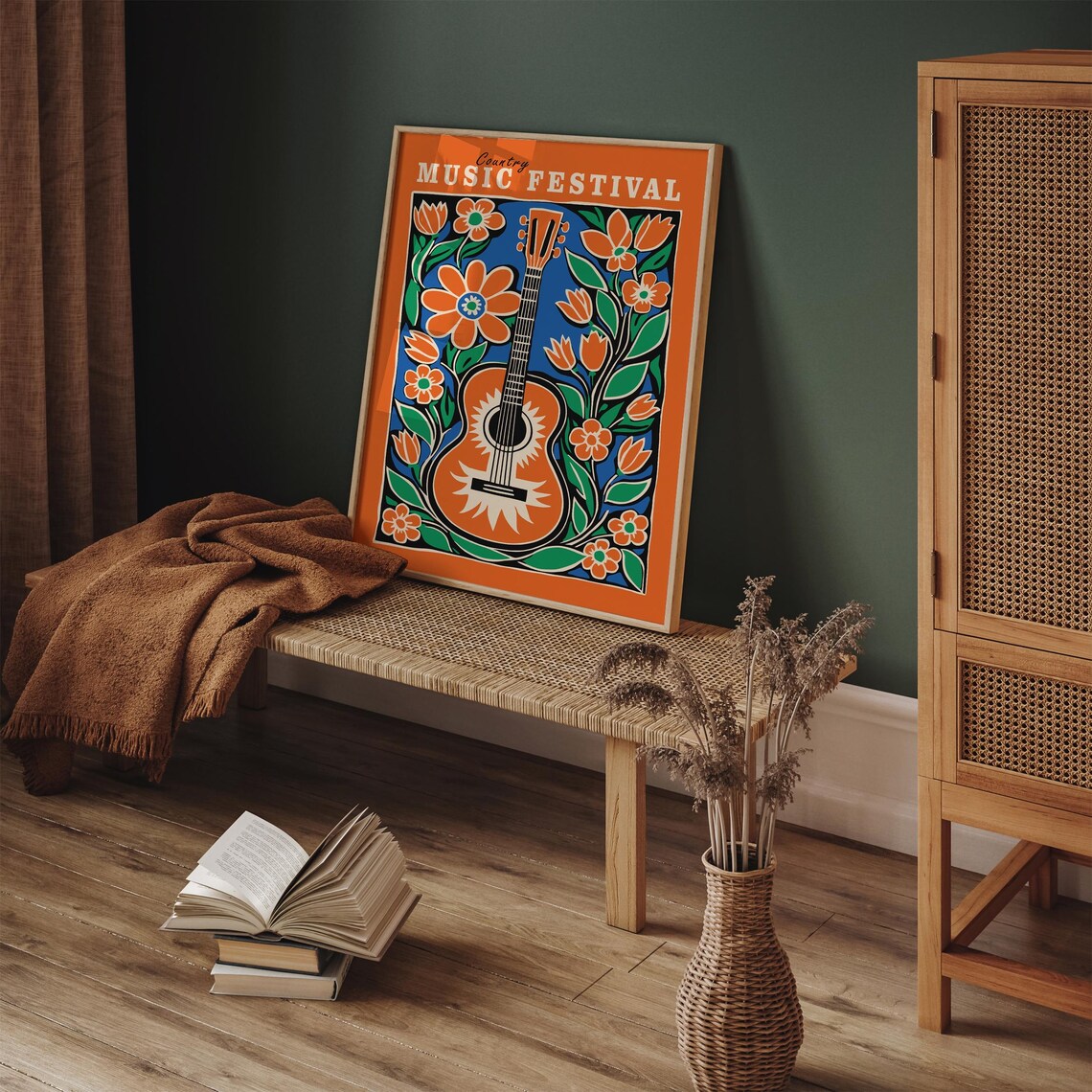 Country Music Festival Orange and Blue Floral Guitar Art Poster - Image 4