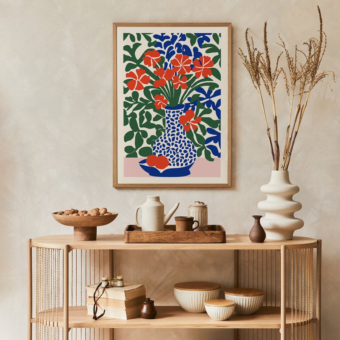 Abstract Retro Flower Botanical Pink Blue Vase Floral Art Poster - Image 2